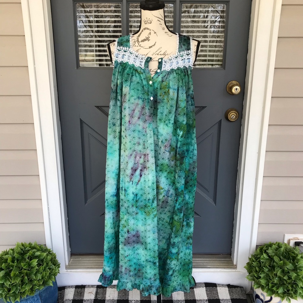 Vintage Adonna Teal Mermaid Tones Cotton House Lounge Dress Size Small to Medium
